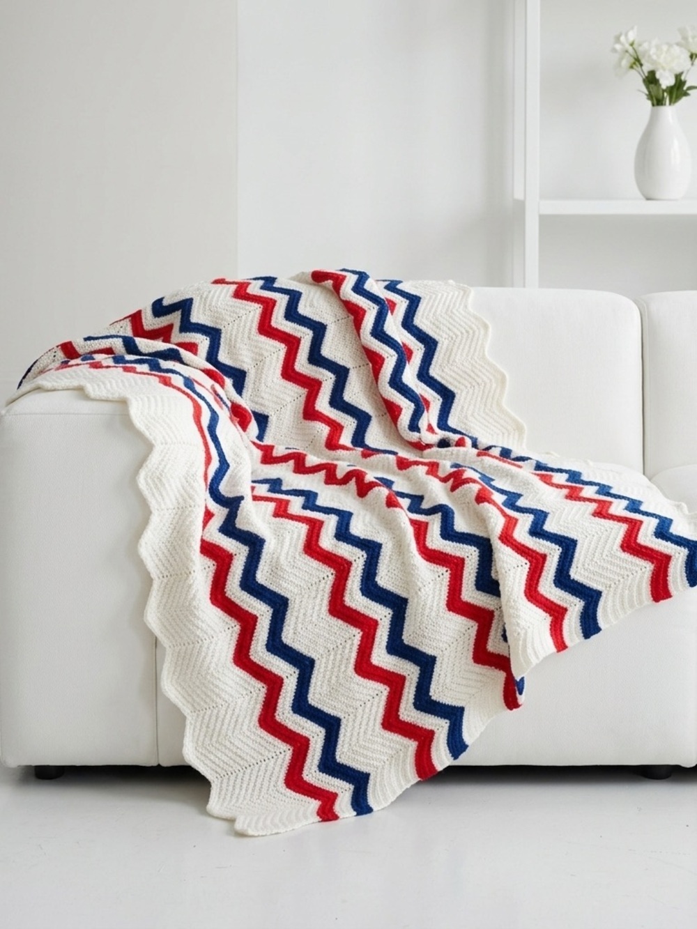Handmade Red White Blue Chevron Crochet Afghan Blanket Throw 58x36